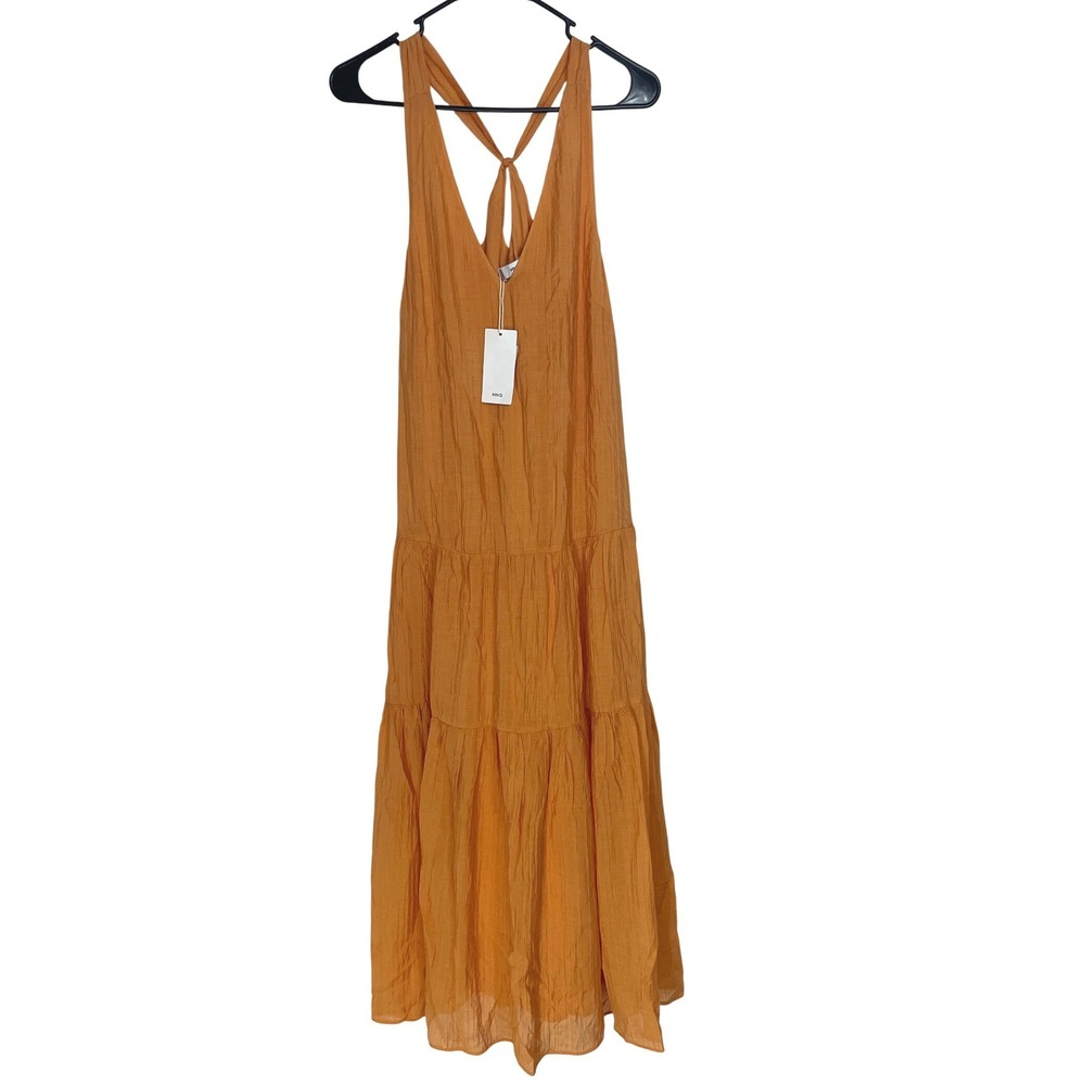 Mango Maxi Dress Tiered Crinkle V-Neck Cross Back 6 Orange Boho Summer